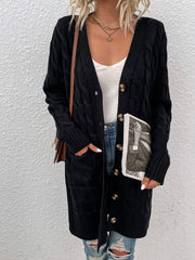 Button Up Pocket Cardigan Long Sleeve Mid Length Cardigan