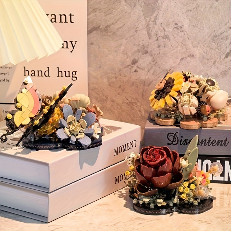 3D Puzzle Flower DIY Kit Romantic Roses Sunflowers Butterfly Building Blocks