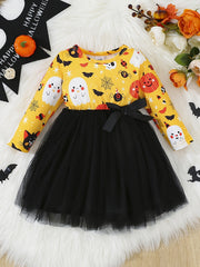 Baby Girls Mesh Dress Long Sleeve Bow Floral Embroidered Princess Dress