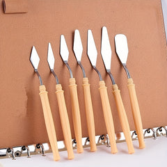 7pcs Stainless Steel Mixing Scrapers Art Spatula Wood Handle Watercolor Painting
