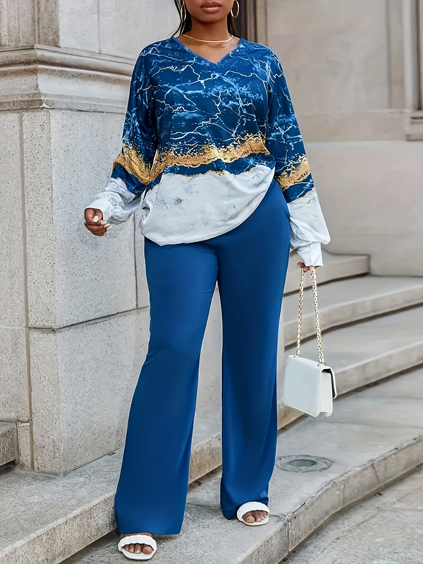 Plus Glitter Marble Print Top & High Rise Pants Outfits 2 Piece Set