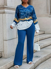 Plus Glitter Marble Print Top & High Rise Pants Outfits 2 Piece Set