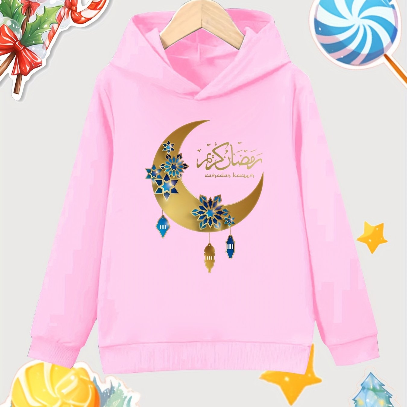 Moon Print Girls Cotton Hooded Sweatshirt for Autumn Winter