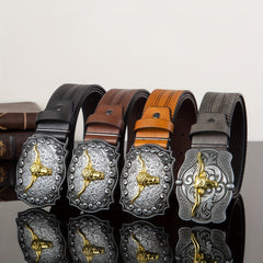 Vintage Embossed Golden Bull Head Plate Buckle Leather Belt