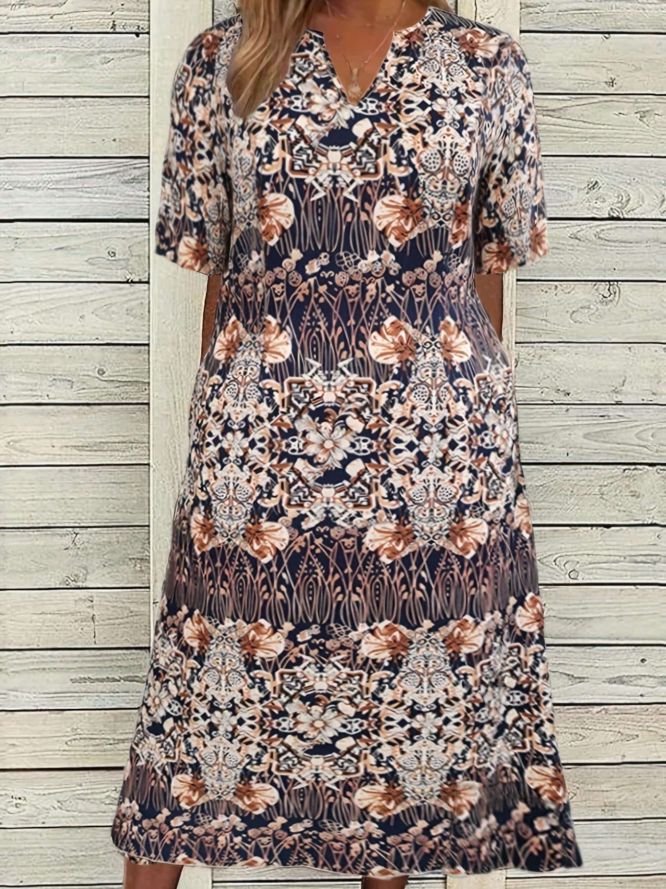 Boho Dress Women's Allover Print Short Sleeve Dress With Pockets