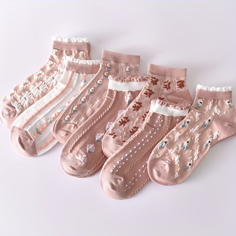 7 Pairs Floral Embossed Short Socks Women's Stockings & Hosiery