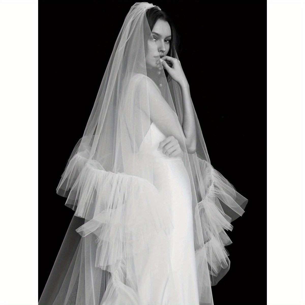 Lace Veil with Ruffles and Long Train Cloud Edged Double Layer