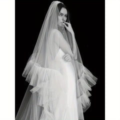 Lace Veil with Ruffles and Long Train Cloud Edged Double Layer