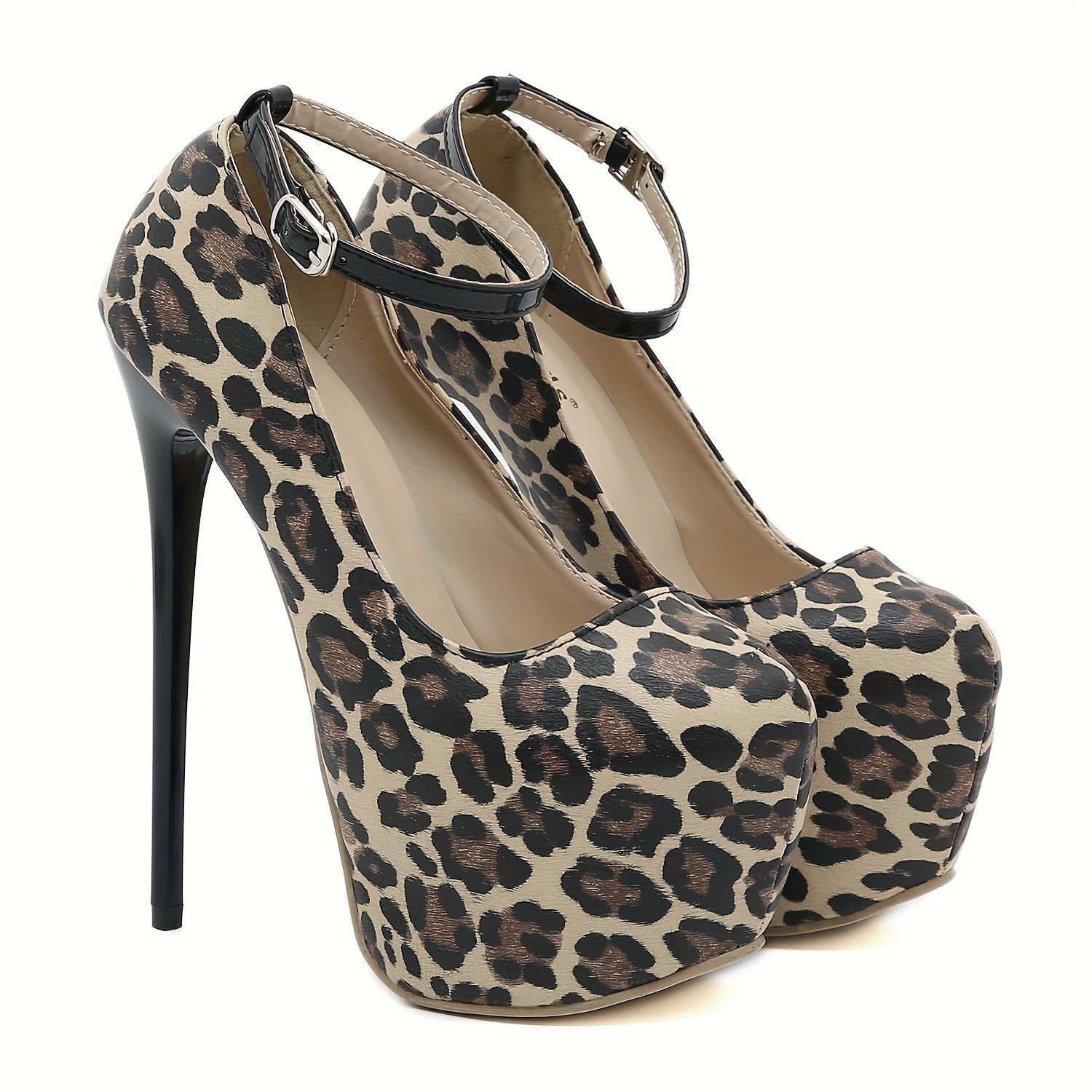 Leopard Print Stiletto Heels Buckle Strap Platform Pumps High Heels