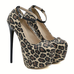Leopard Print Stiletto Heels Buckle Strap Platform Pumps High Heels