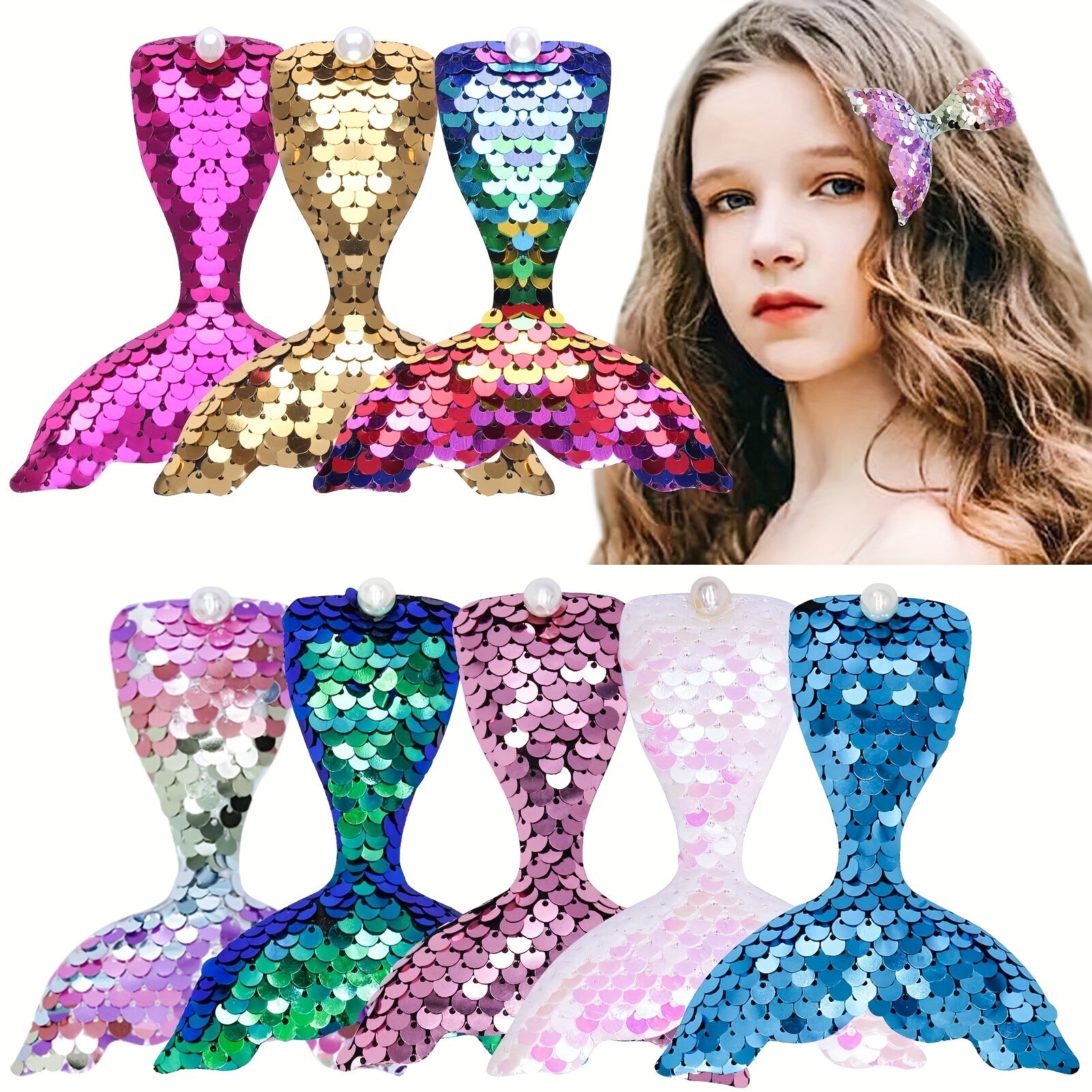 8pcs Children Mermaid Tail Flip Sequin Hair Clip Set