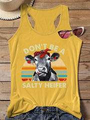 Cartoon Cow & Slogan Print Round Neck Vest Top