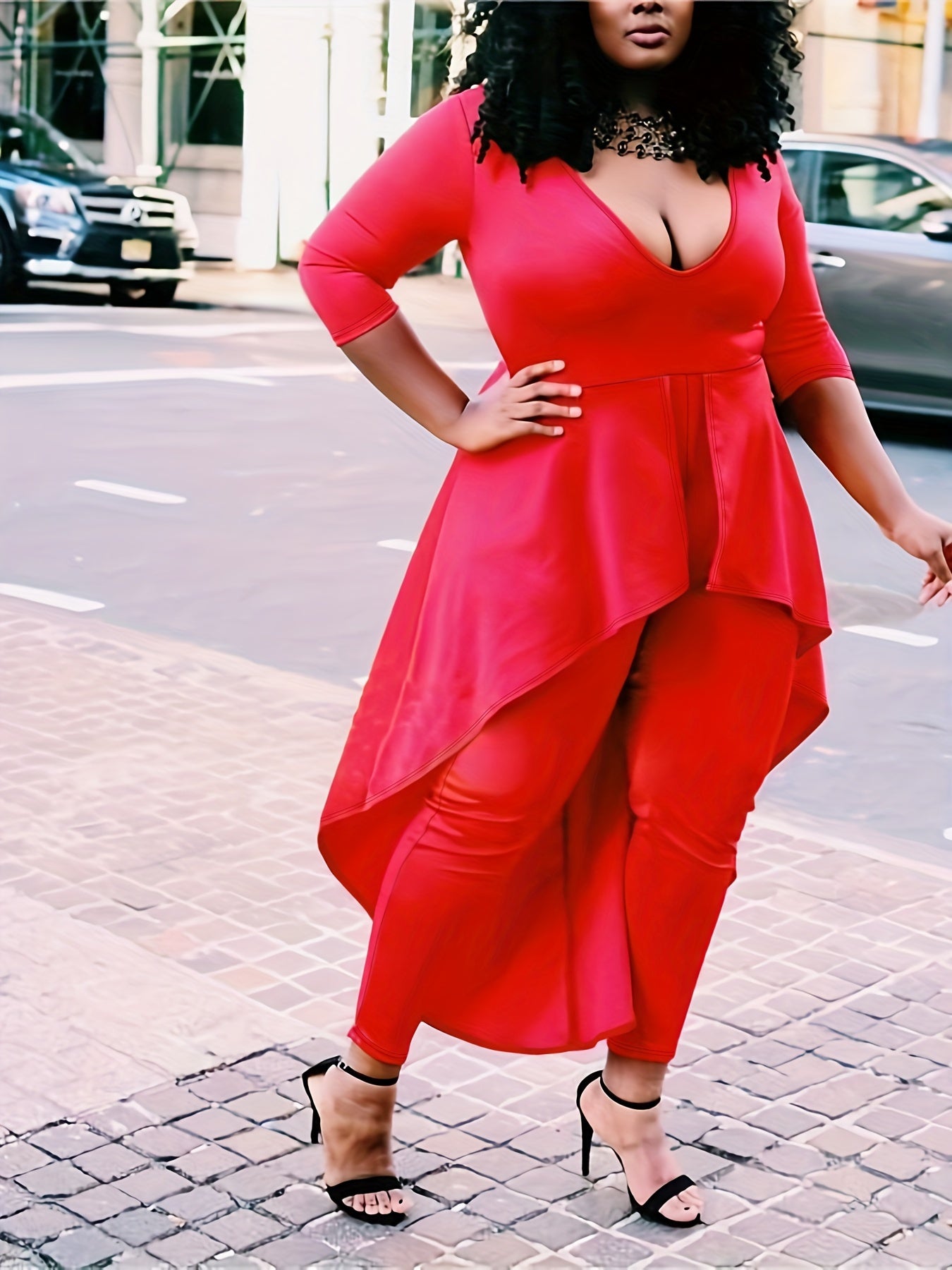 Sexy Jumpsuit Women's Plus Solid Three Quarter Sleeve