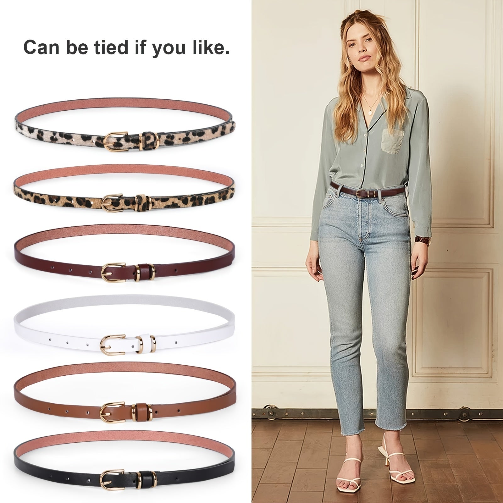 Women Faux Leather Skinny Thin Belt For Jeans Solid Metal Buckle Waist