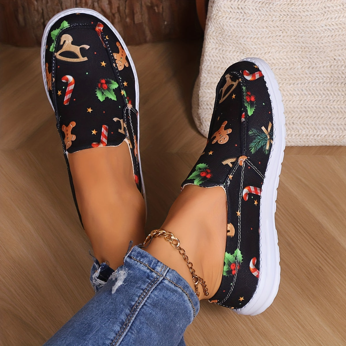 Women's Christmas Style Slip On Sneakers Soft Sole Casual Shoes