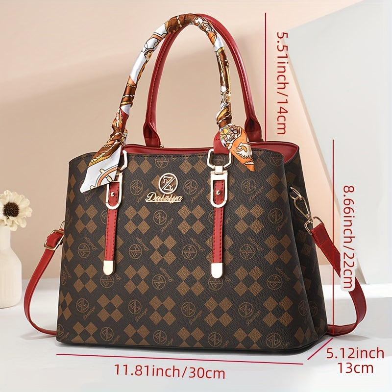 Vintage PU Leather Tote Bag Women Removable Strap Plaid Positioning