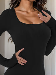 Solid Yoga Bodysuit Square Neck Jumpsuit Activewear