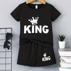 2pcs Boys Casual KING Crown Graphic Print T-shirt & Shorts Set