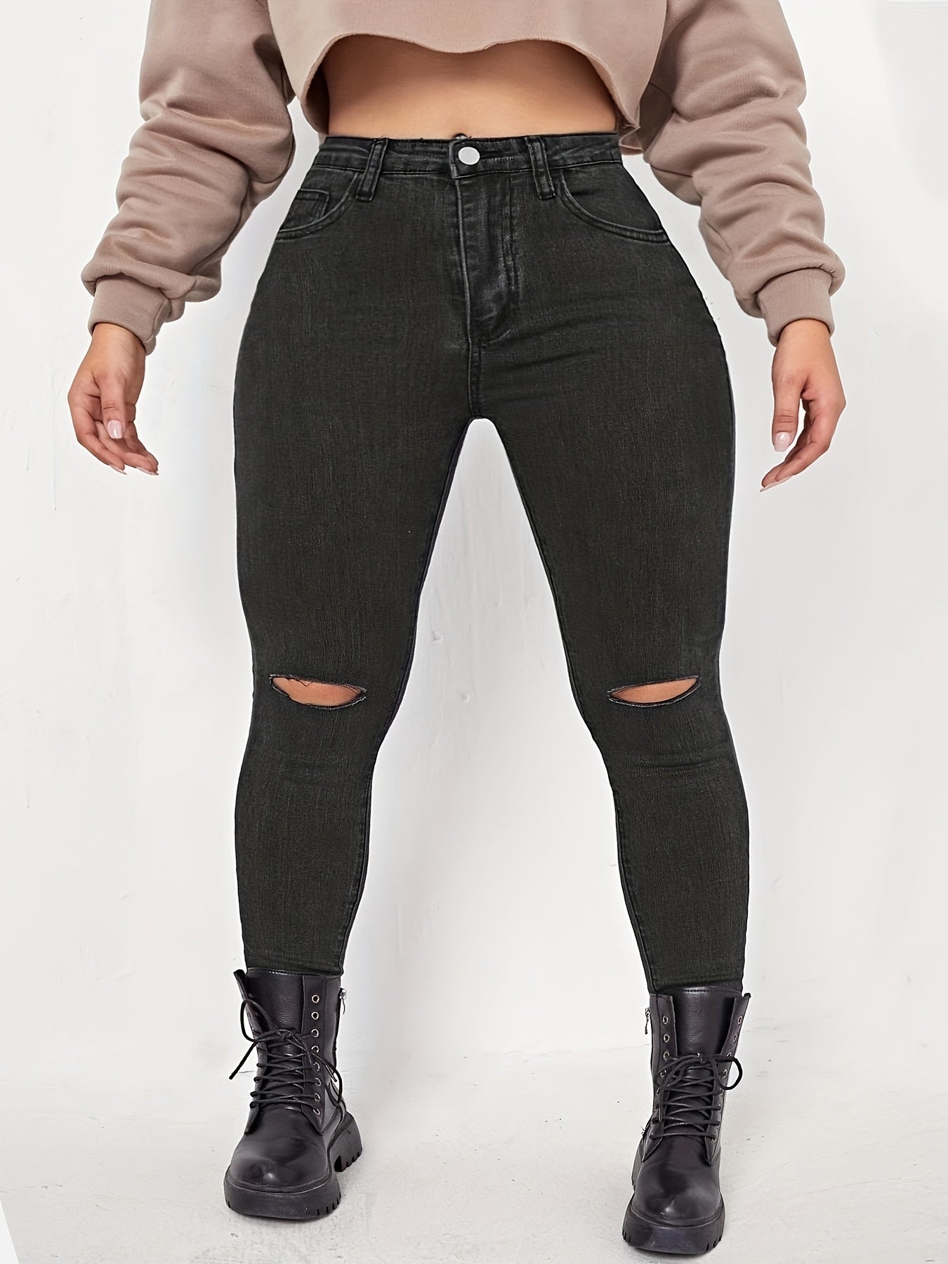 Ripped Skinny Jeans, Button Fly, Medium Stretch