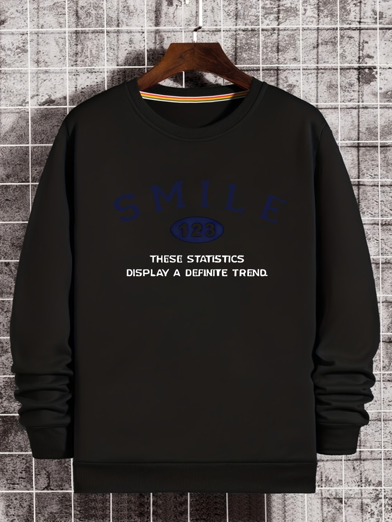 SMILE Print Sweatshirt Men's Casual Graphic Crew Neck Pullover Sweatshirt