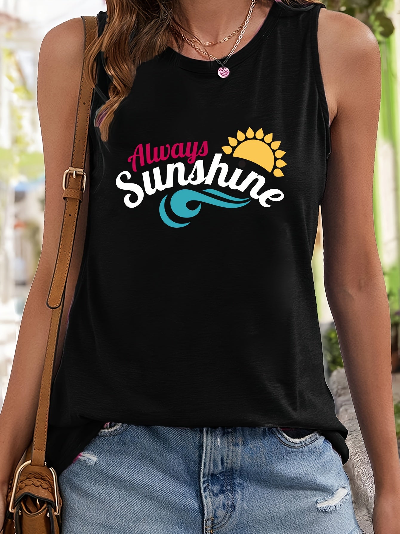 Sun & Letter Pattern Sports Vest Round Neck Sleeveless Top