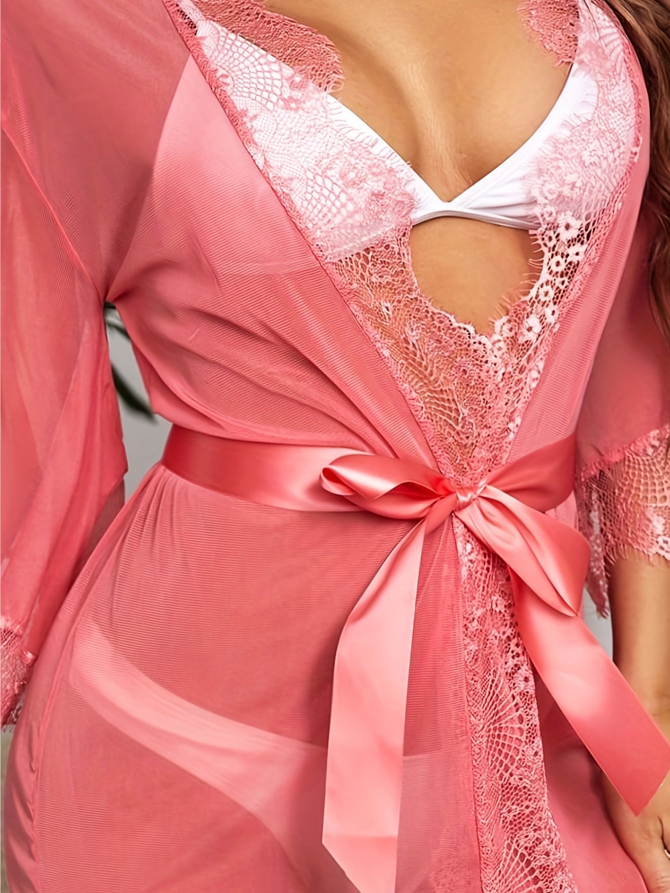 Lace Stitching Mesh Night Robe V Neck Half Sleeve Robe
