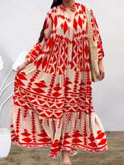 Geo Print Tiered Dress Button Front Boho Long Sleeve