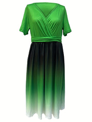 Ombre Print Surplice Neck Ruched Dress