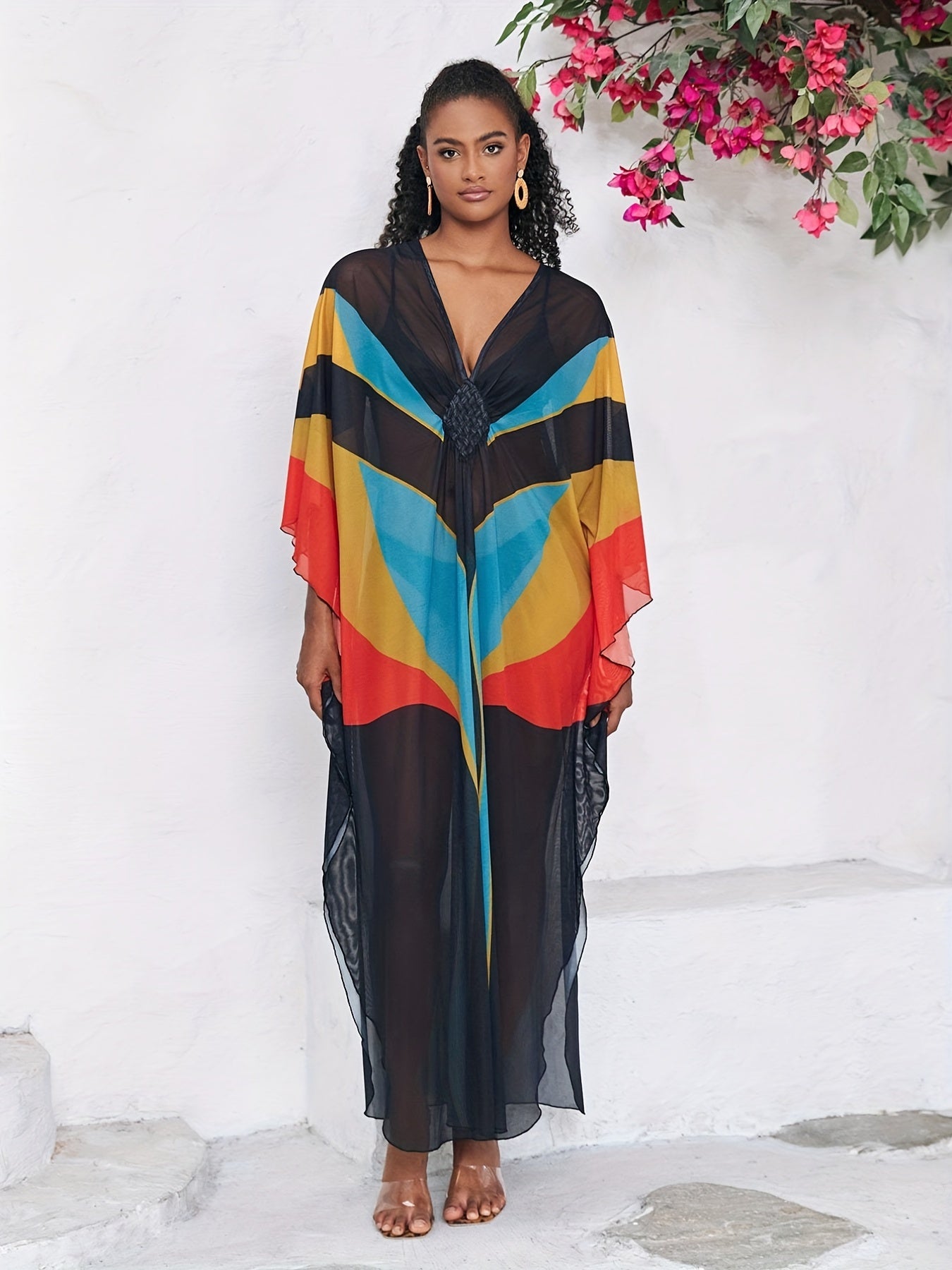 Boho Abaya Dress Women's Plus Colorblock Bat Sleeve V Neck