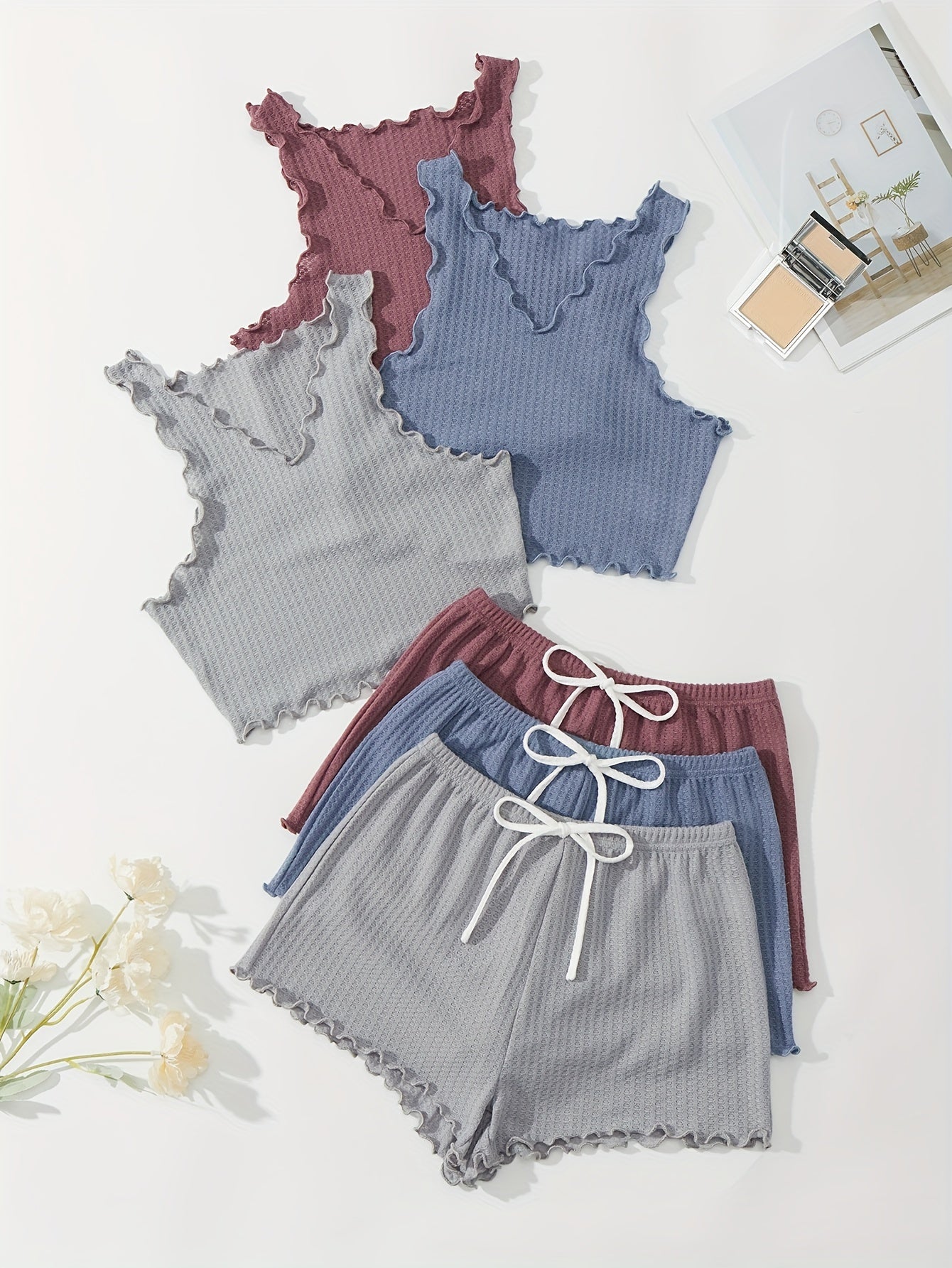 Waffle Pajama Set Solid Comfortable Tank Top & Shorts Women's Loungewear