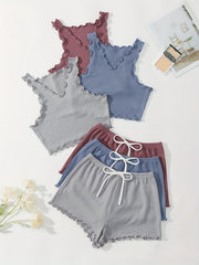 Waffle Pajama Set Solid Comfortable Tank Top & Shorts Women's Loungewear