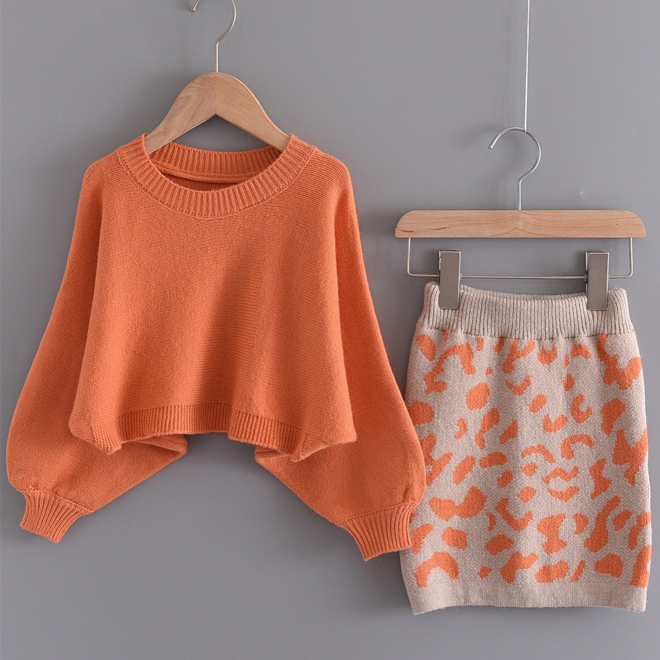 Girls Thermal Knit Sweater & Leopard Print Skirt Set Winter Party Orange