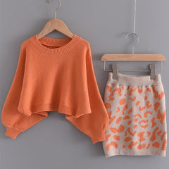 Girls Thermal Knit Sweater & Leopard Print Skirt Set Winter Party Orange