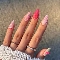 24pcs Water Splashing Cherry False Nails w/ Shell Patterned Stickers