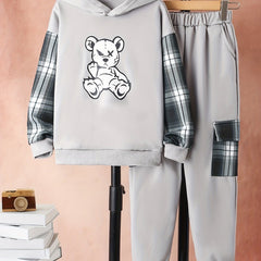 Boy's Bear Pattern Outfit Hoodie & Sweatpants Set For Spring Fall