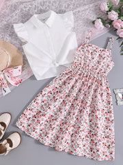 Girls 2pcs Skirt Set Twist Knot Shirt & Cami Dress Summer Clothes