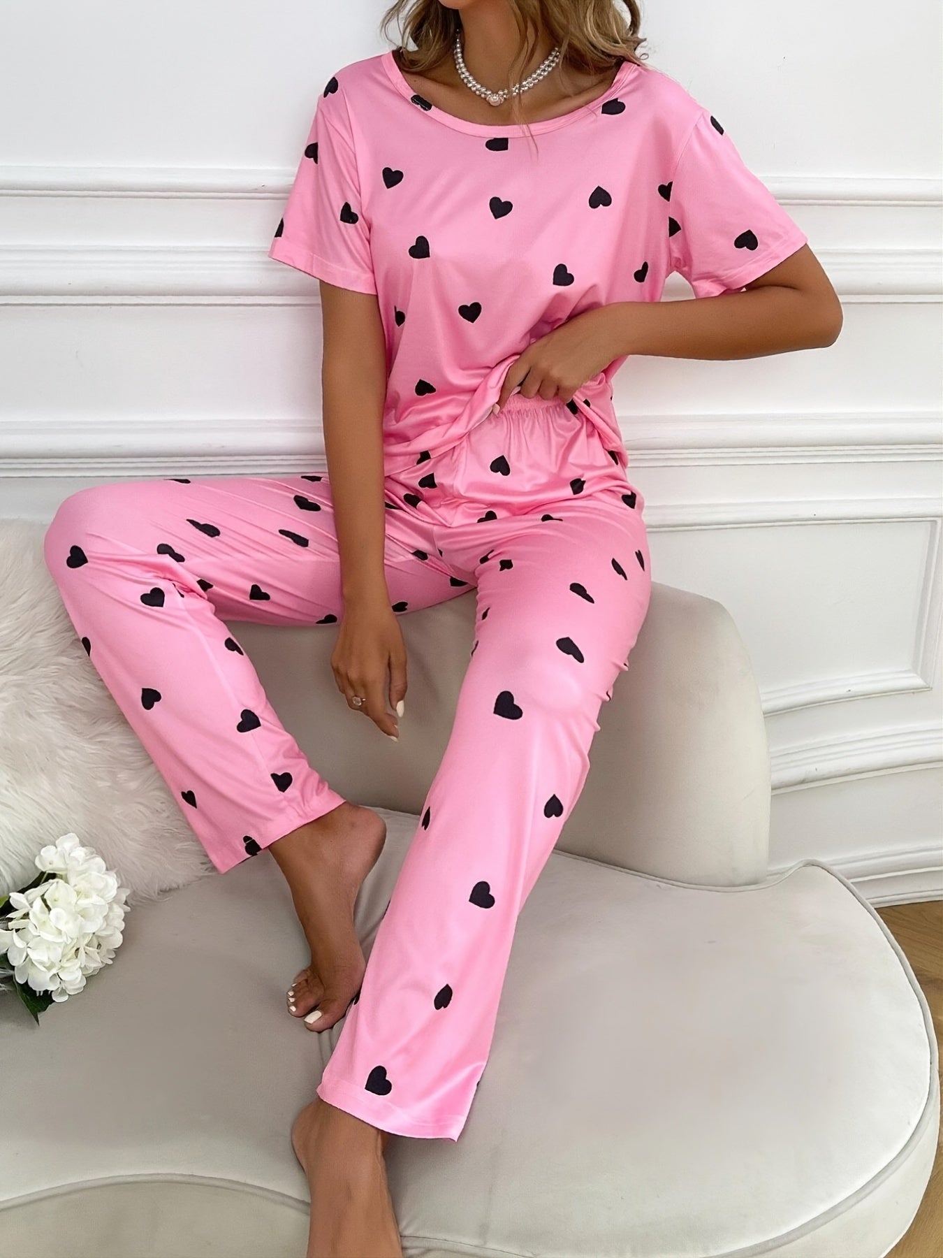 Heart Print Pink Pajamas Set Short Sleeve Top & Elastic Waistband Pants