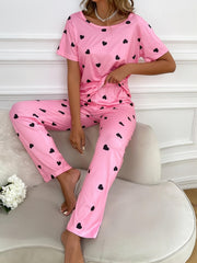 Heart Print Pink Pajamas Set Short Sleeve Top & Elastic Waistband Pants