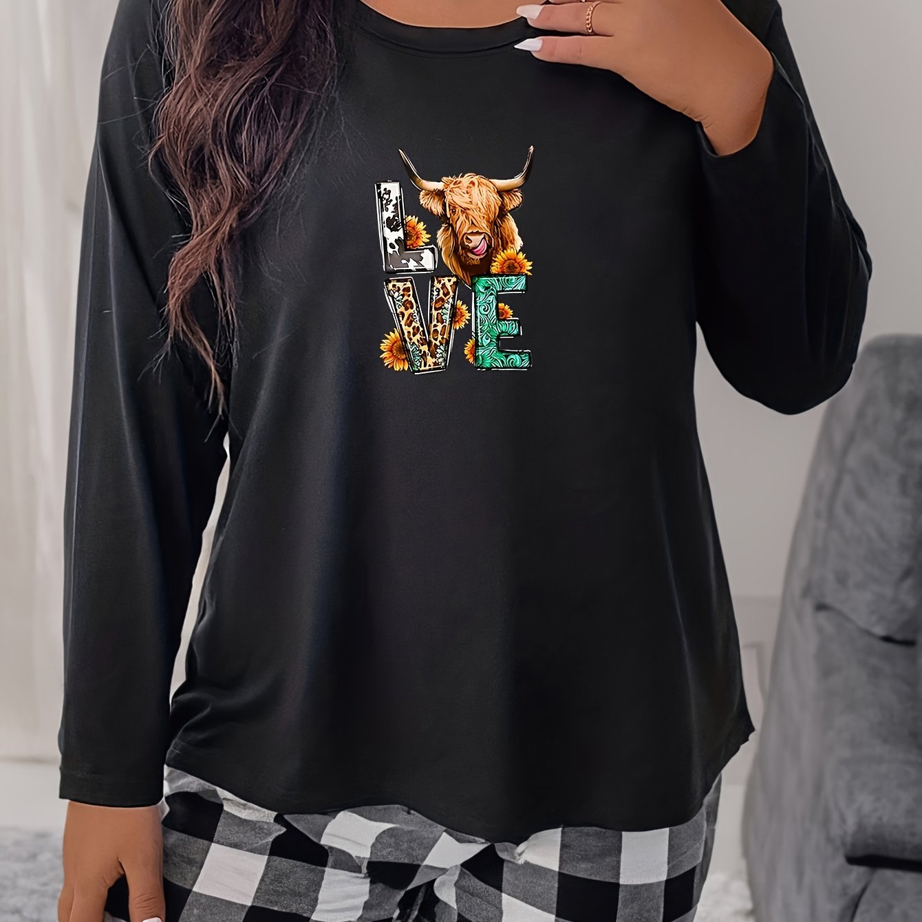 Western Pajama Top Women's Plus Sunflower Bull & Letter Print