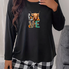 Western Pajama Top Women's Plus Sunflower Bull & Letter Print