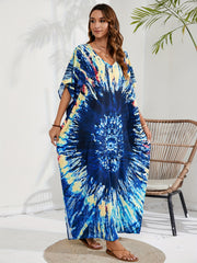 Plus Tie Dye Batwing Sleeve V Neck Maxi Split Kaftan Cover Up Dress