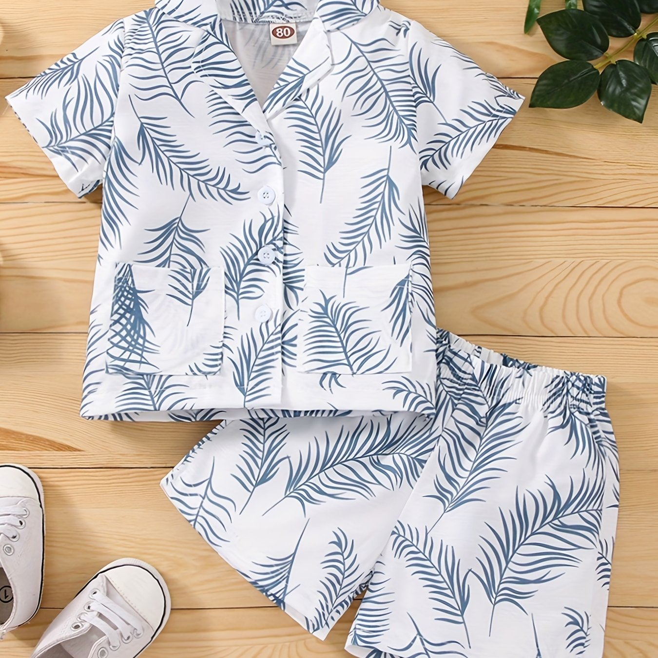 2pcs Baby Boys Leaf Print Short Sleeve Shirt & Shorts Set for Summer