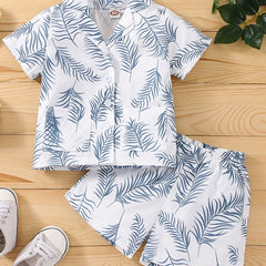 2pcs Baby Boys Leaf Print Short Sleeve Shirt & Shorts Set for Summer