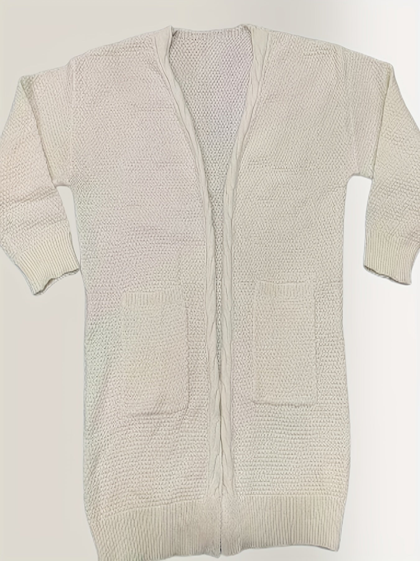 Solid Cable Long Sleeve Open Front Cardigan With Pockets
