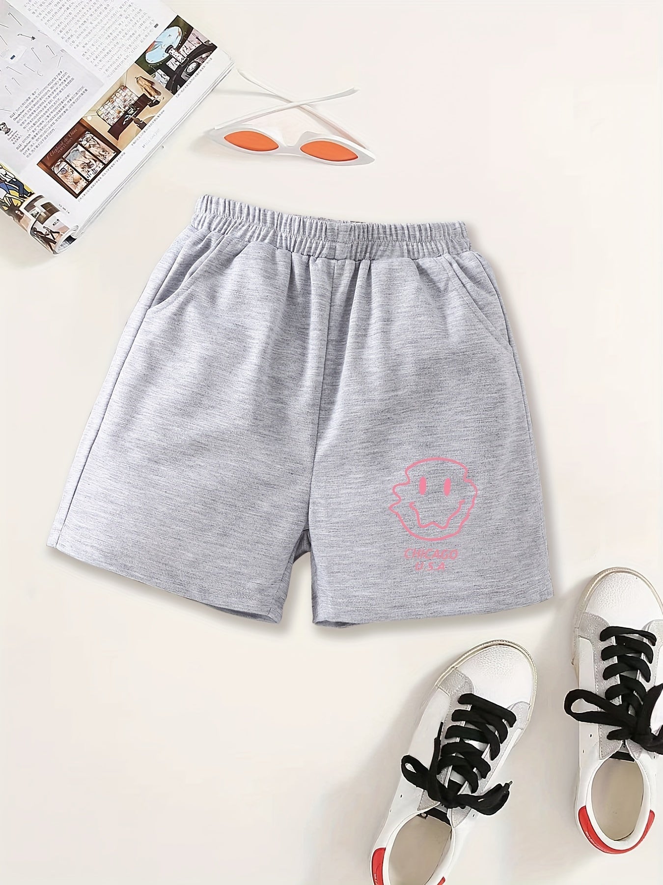 Girls Pink Smile Print Sweat Shorts Elastic Waist