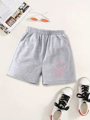 Girls Pink Smile Print Sweat Shorts Elastic Waist