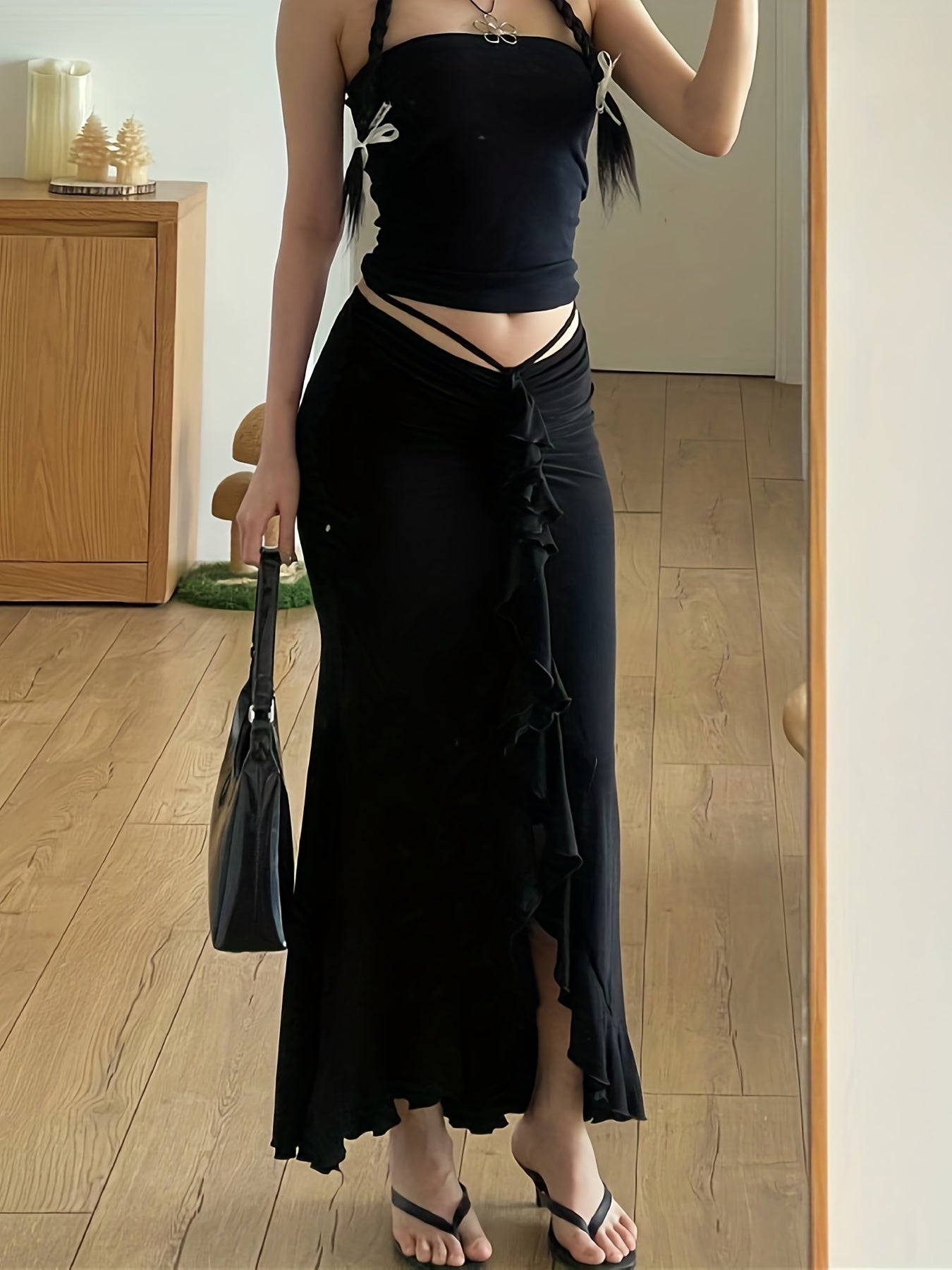 Ruffle Trim Ruched Skirt Asymmetrical Skirt For Spring & Summer Women