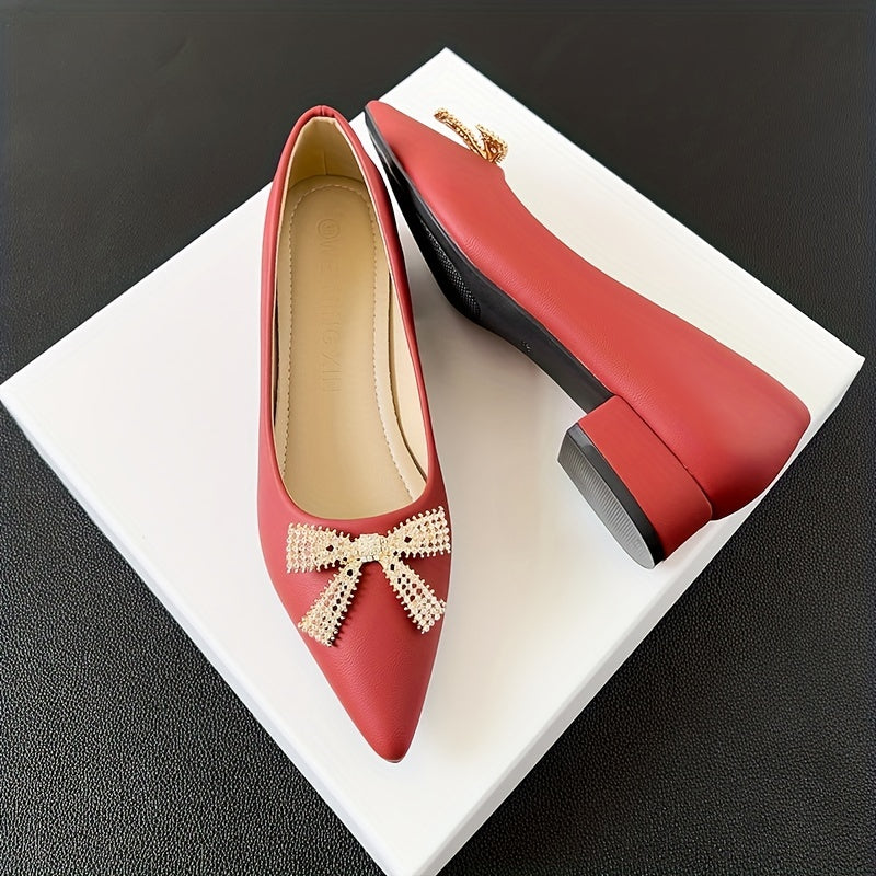Metallic Bowknot Decor Slip On Low Heel Shoes