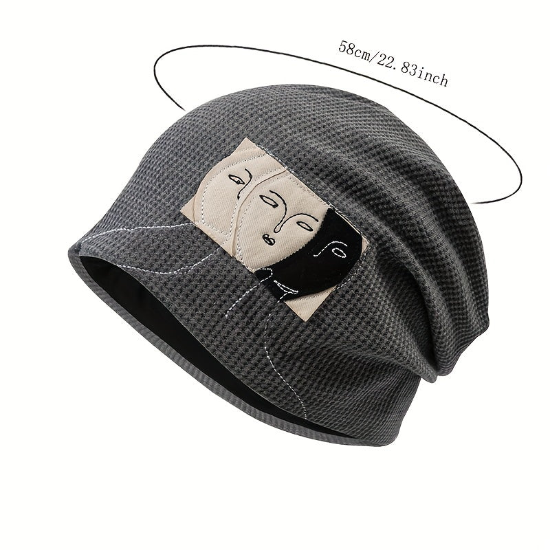 Face Graphic Patch Beanie Solid Elastic Knit Hat Hip Hop Lightweight Skull Hat