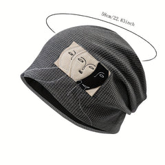 Face Graphic Patch Beanie Solid Elastic Knit Hat Hip Hop Lightweight Skull Hat
